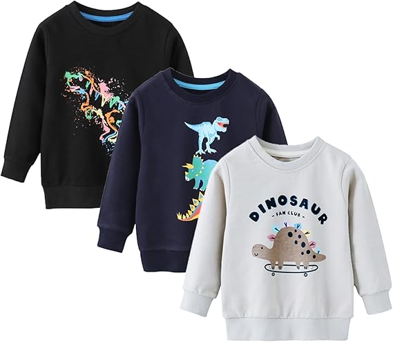Toddler Boys 3 Pack Cotton Pullover Crewneck Sweatshirt Long Sleeve Cartoon Shirt Sweaters Tops