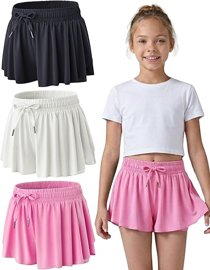 Girls Flowy Shorts 3 Pack - 2-in-1 Butterfly Skort with Spandex Liner for Tennis, Dance, Cheer, Running