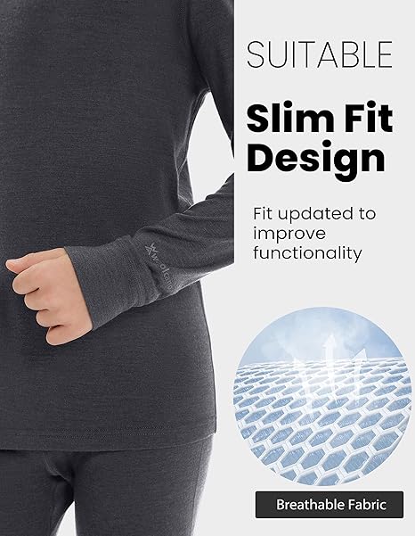 Unisex Kids 100% Merino Wool Base Layer Set Lightweight Thermal Underwear Sets for Girls and Boys