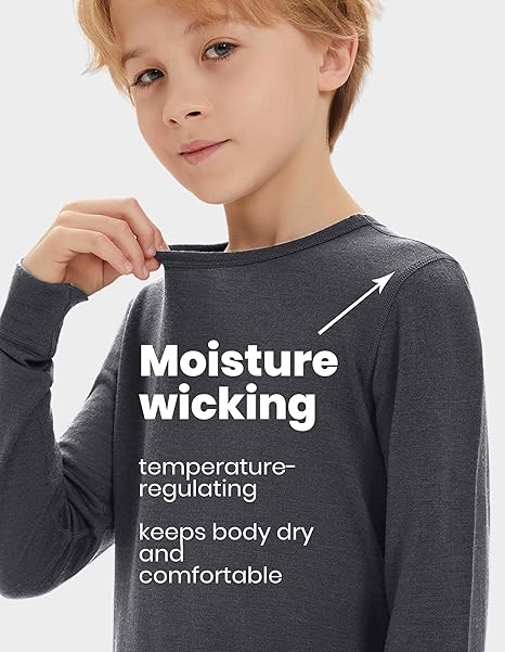 Unisex Kids 100% Merino Wool Base Layer Set Lightweight Thermal Underwear Sets for Girls and Boys